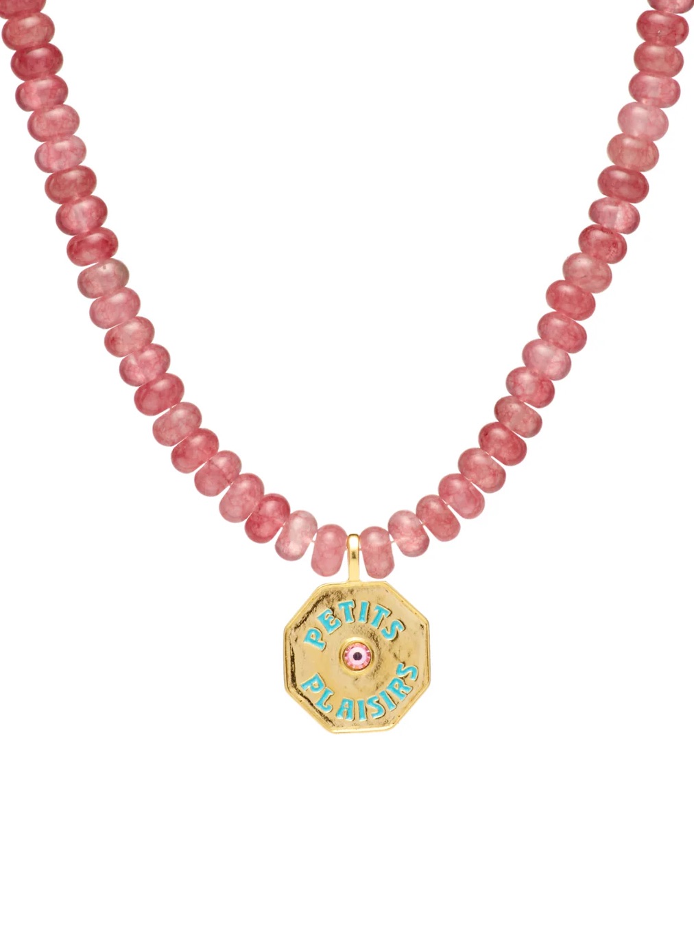 Petite Plaisiris Cherry Quartz Beaded Necklace 24k Gold Plated Nwot